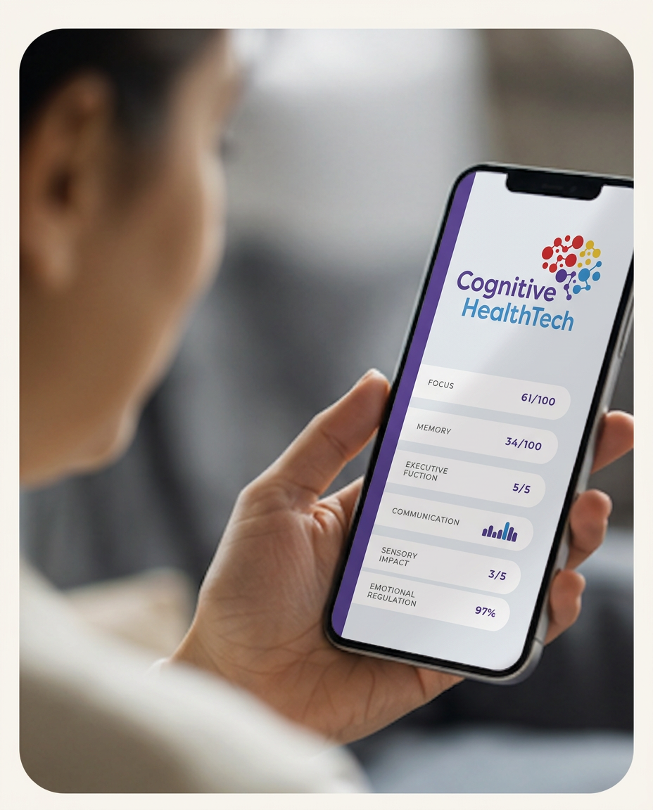 A person holding a phone showing the Cognitive HealthTech app interface