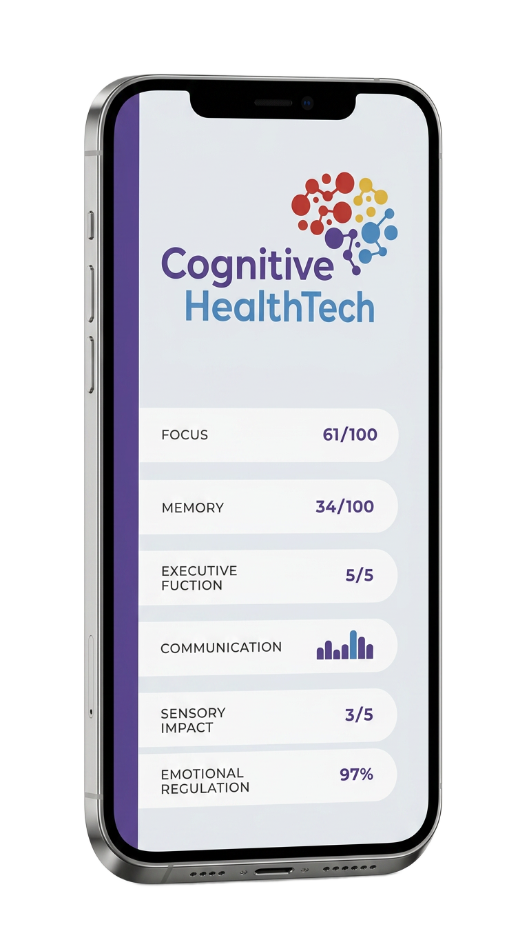 Concept Cognitive HealthTech summary screen showing six cognitive-domain scores